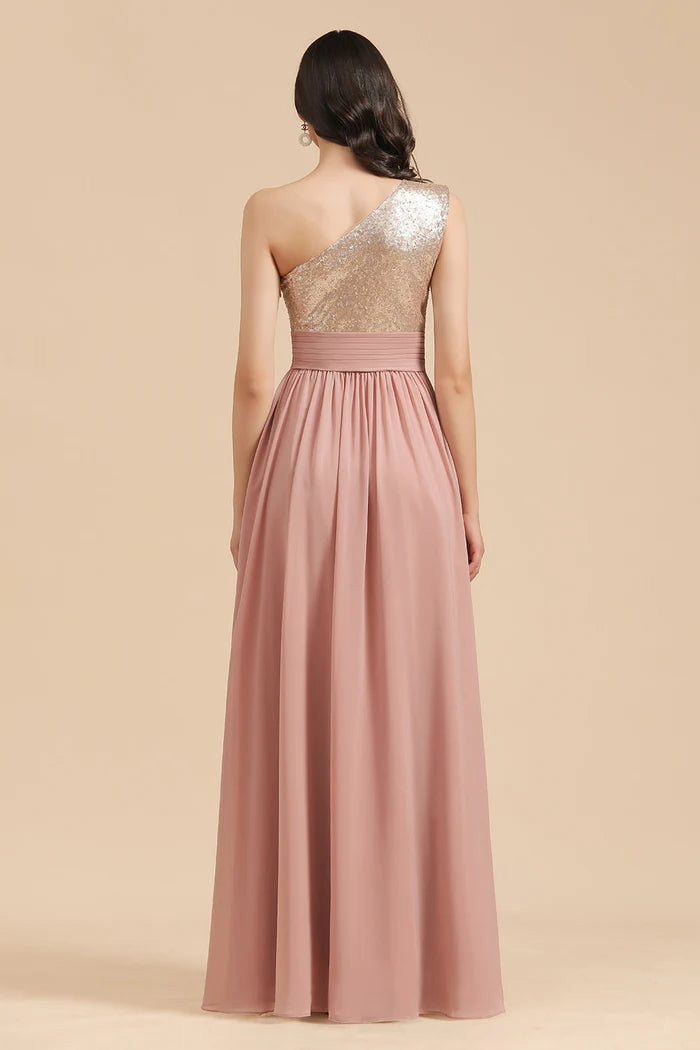 Weitese Dress A-line One Shoulder Sequins Dusty Rose Bridesmaid Dresses Prom Dress